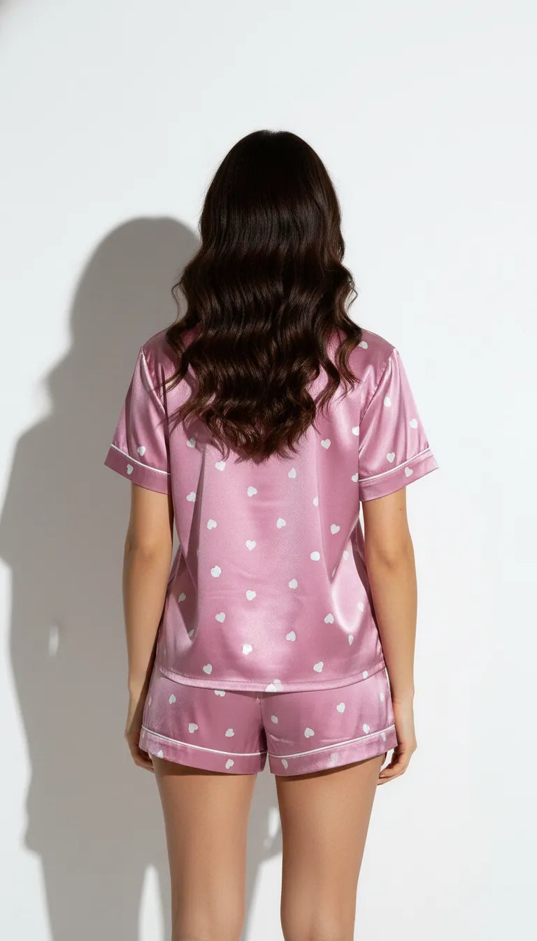 Pyjama Satin Rose Poudré à Coeurs Blancs pour Femme | Ensemble Chemise Manches Courtes et Short | 2 Pièces - Vue de dos