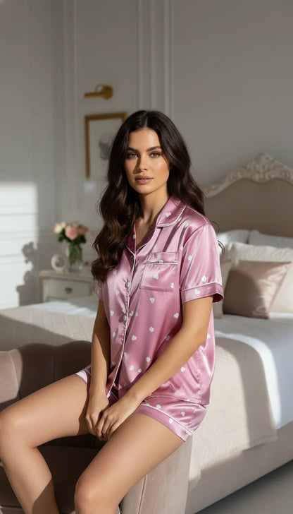 Pyjama Satin Rose Poudré à Coeurs Blancs pour Femme | Ensemble Chemise Manches Courtes et Short | 2 Pièces - Mise en situation portée