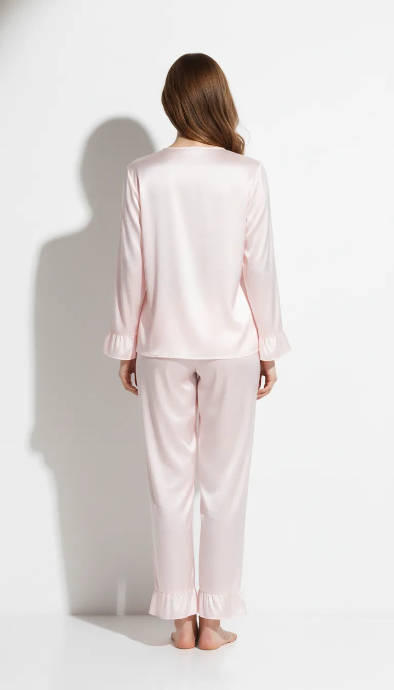 Pyjama Satin Rose Poudré pour Femme | Ensemble Broderie Dentelle | Pantalon et Manches Longues | 2 Pièces - Vue de dos