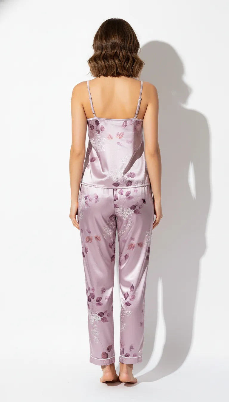 Pyjama Satin Rose Poudré pour Femme | Ensemble Romantique | Débardeur & Pantalon | 2 Pièces - Vue de dos