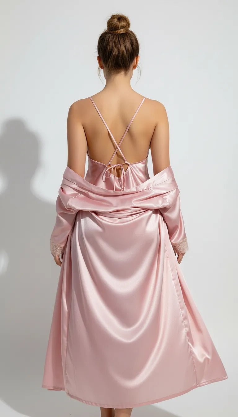 Pyjama Satin Rose Poudré pour Femme | Nuisette à Dentelle & Kimono Long | Ensemble 2 Pièces - Vue de dos