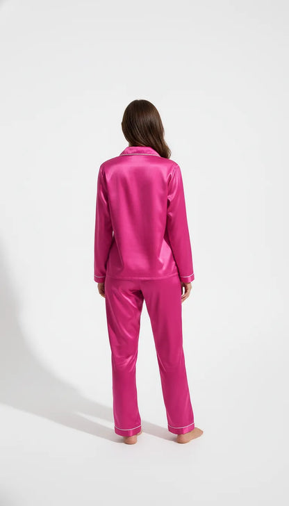 Pyjama Satin Rose Poudré pour Femme | Ensemble Chemise et Pantalon Élégant | Manches longues | 2 Pièces - Vue de dos