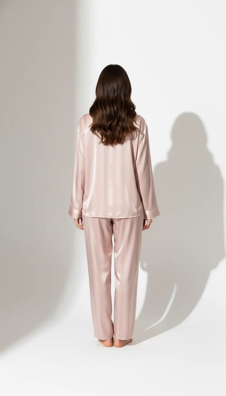 Pyjama Satin Rose Poudré pour Femme | Ensemble Rayé Classique | Chemise Manches Longues & Pantalon | 2 Pièces - Vue de dos