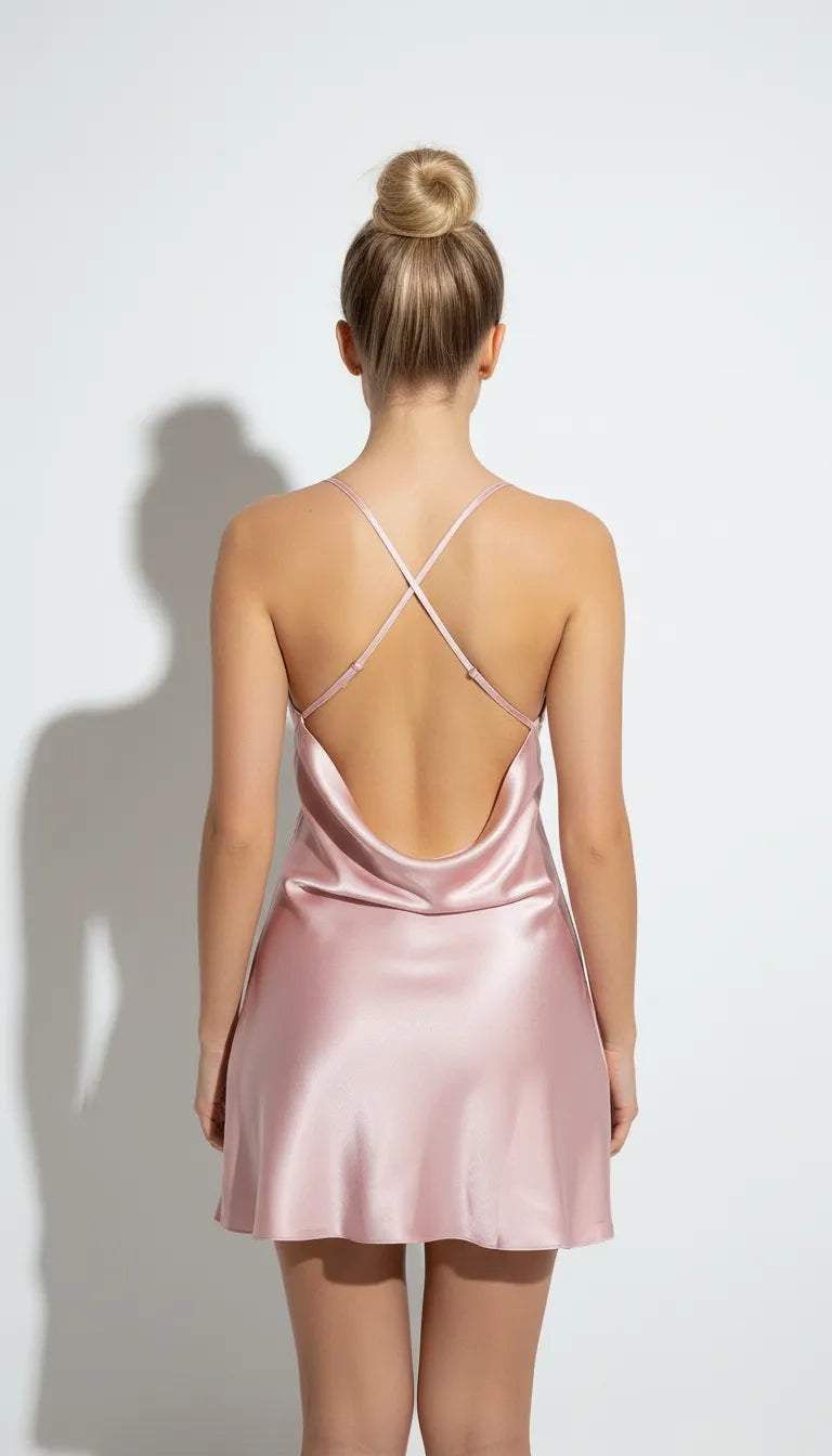 Pyjama Satin Rose Poudré pour Femme | Nuisette Décolletée et Fluide | 1 Pièce - Vue de dos