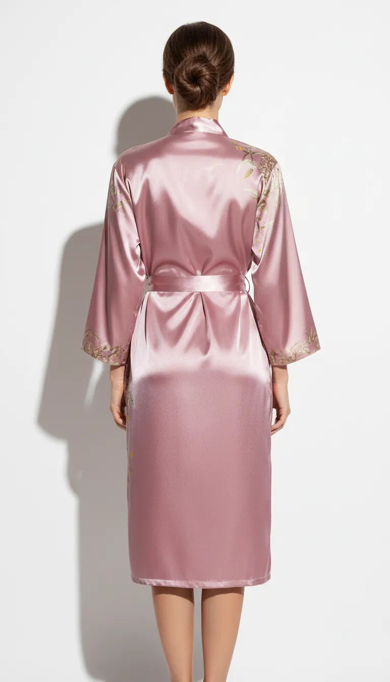 Pyjama Satin Rose Poudré pour Femme | Kimono Long à Manches Longues avec Ceinture | 1 Pièce - Vue de dos