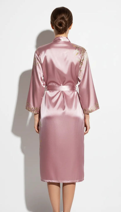 Pyjama Satin Rose Poudré pour Femme | Kimono Long à Manches Longues avec Ceinture | 1 Pièce - Vue de dos