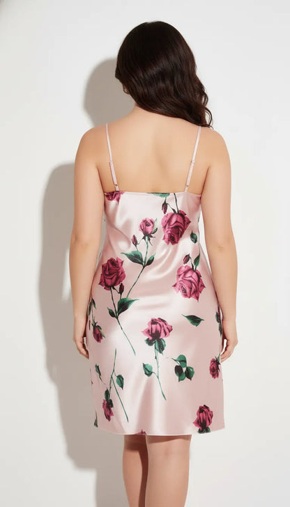 Pyjama Satin Rose Poudré pour Femme | Nuisette Romantique avec Imprimé Floral | 1 Pièce - Vue de dos
