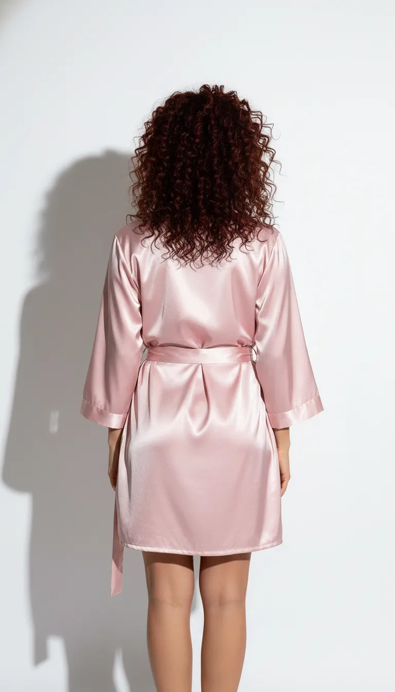 Pyjama Satin Rose Poudré pour Femme | Nuisette Décolletée & Kimono Fluide | Ensemble 2 Pièces - Vue de dos