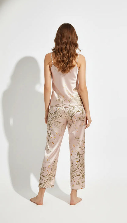 Pyjama Satin Rose Poudré pour Femme | Débardeur à bretelles & Pantalon fluide fleuri | Ensemble 2 Pièces - Vue de dos