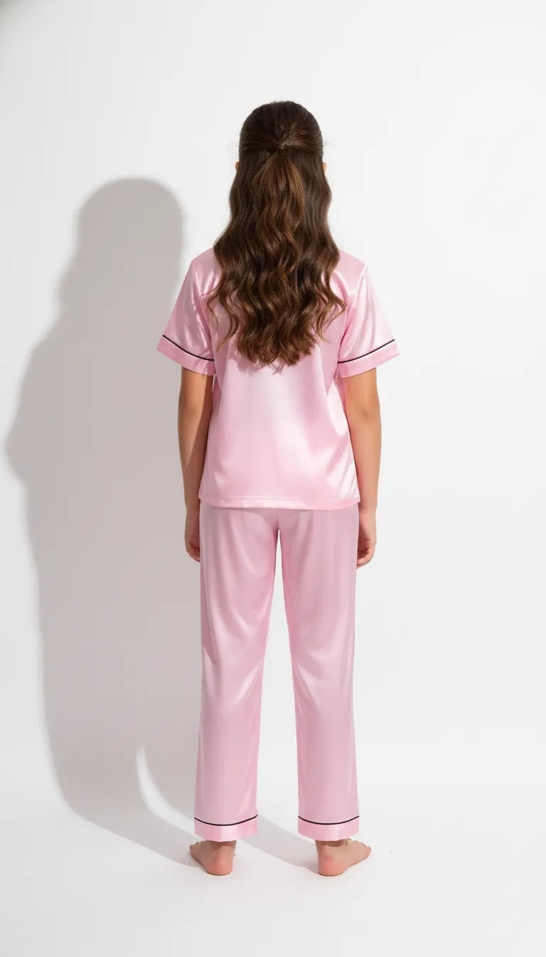 Pyjama Satin Rose Poudré pour Fille | Moderne Chic avec liserés noirs | Chemise manches courtes & Pantalon | 2 Pièces - Vue de dos