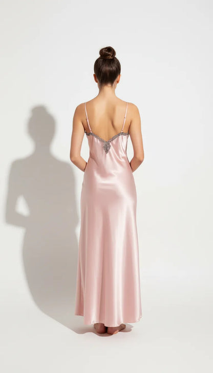 Pyjama Satin Rose Poudré pour Femme | Nuisette Longue Dentelle | 1 Pièce - Vue de dos