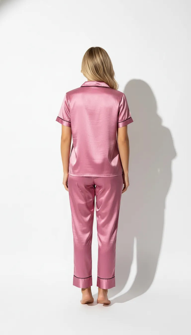 Pyjama Satin Rose Poudré pour Femme | Ensemble Chemise Manches Courtes & Pantalon | 2 Pièces - Vue de dos