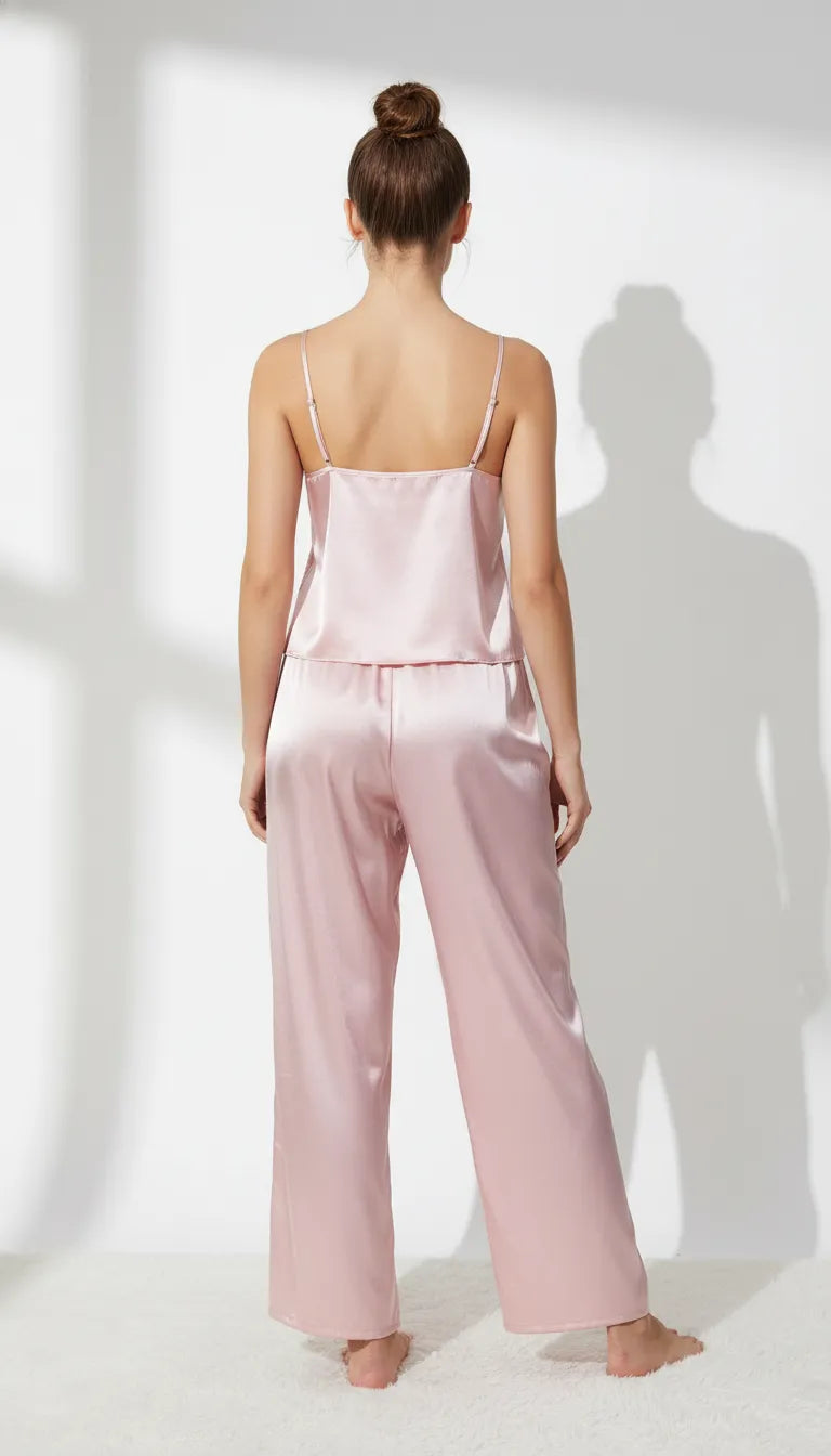 Pyjama Satin Rose Poudré pour Femme | Ensemble Débardeur Dentelle et Pantalon Fluide | 2 Pièces - Vue de dos