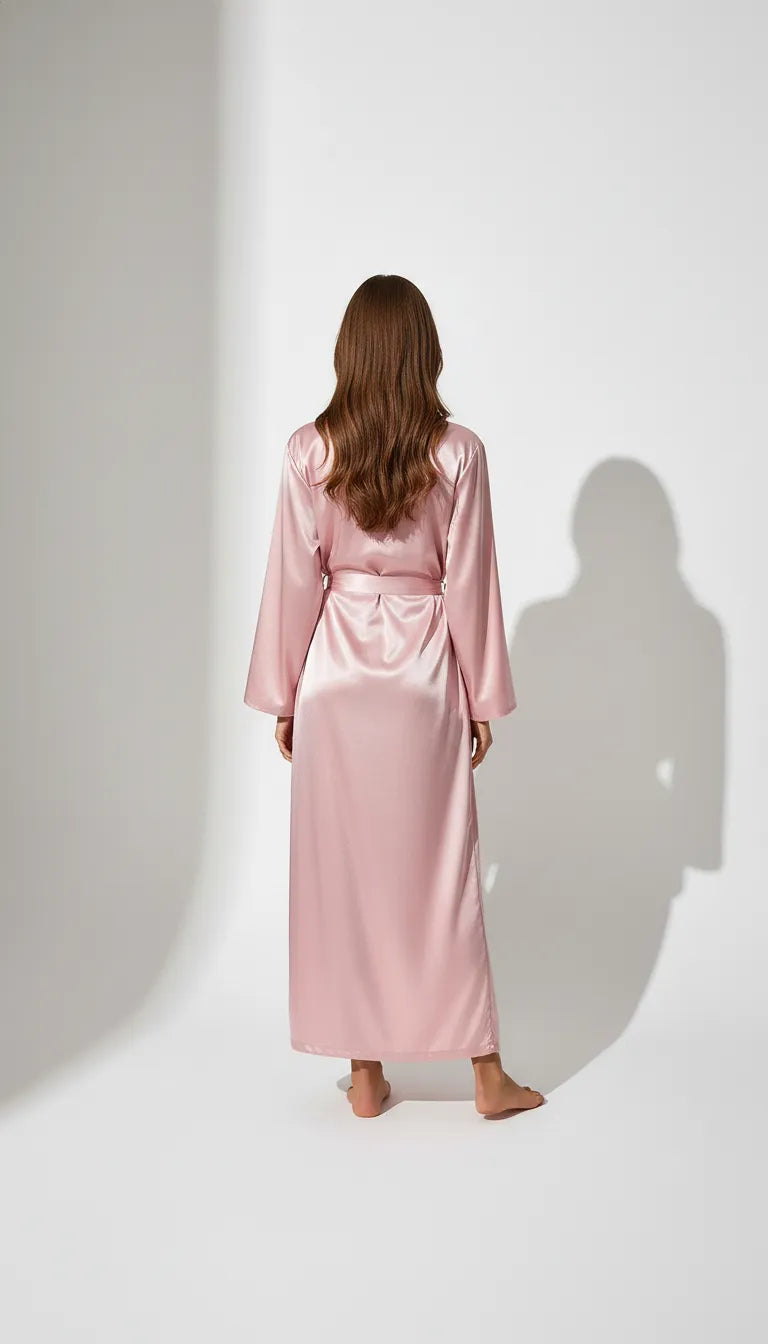 Pyjama Satin Rose Poudré pour Femme | Kimono Long et Fluide | Manches Longues | 1 Pièce - Vue de dos