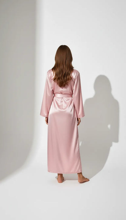 Pyjama Satin Rose Poudré pour Femme | Kimono Long et Fluide | Manches Longues | 1 Pièce - Vue de dos