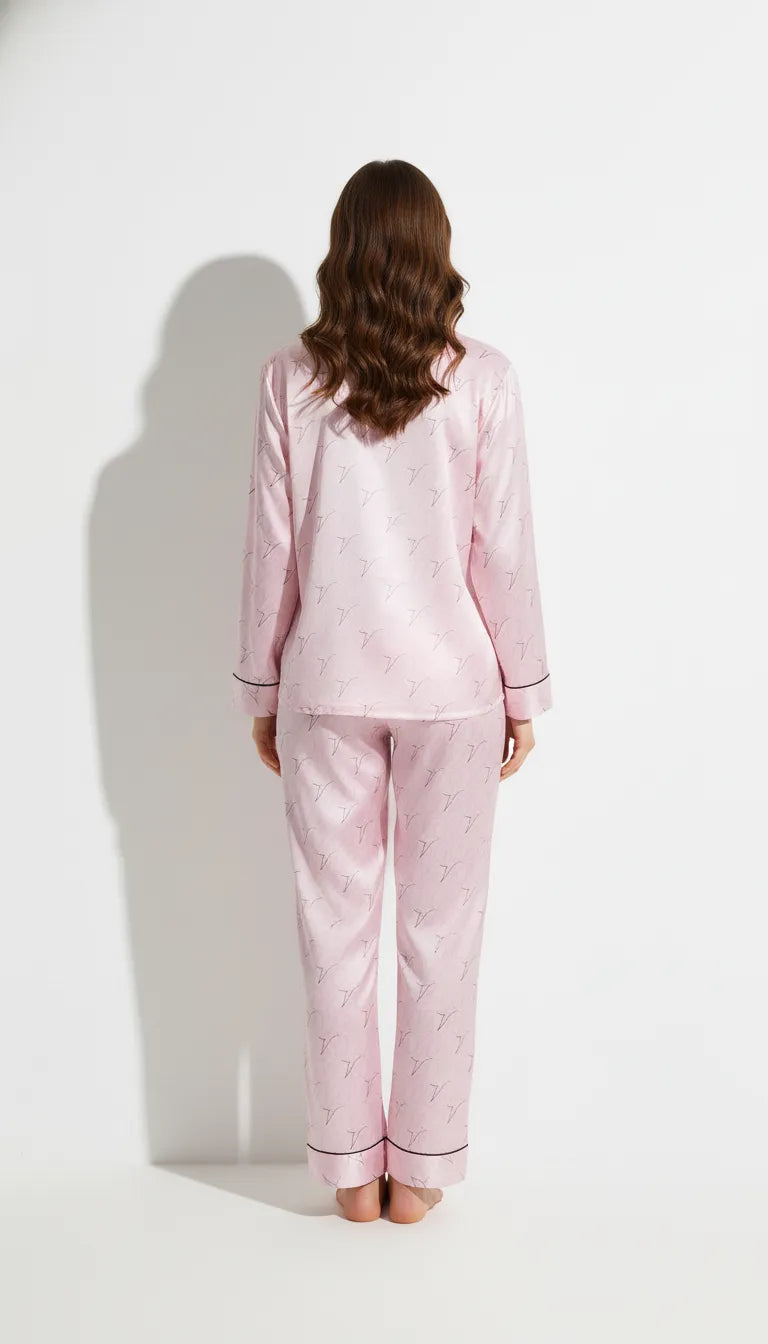 Pyjama Satin Rose Poudré pour Femme | Ensemble Chemise Manches Longues et Pantalon Fluide 2 Pièces - Vue de dos