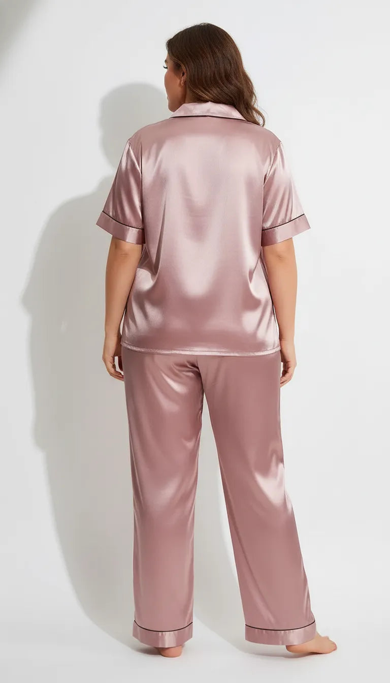 Pyjama Satin Rose Poudré pour Femme | Chemise Manches Courtes & Pantalon Fluide | Ensemble 2 Pièces - Vue de dos
