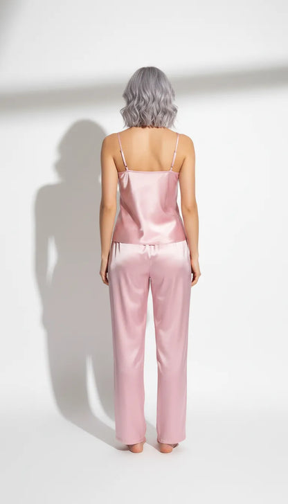Pyjama Satin Rose Poudré pour Femme | Débardeur à Bretelles Fines & Pantalon Fluide | Ensemble 2 Pièces - Vue de dos