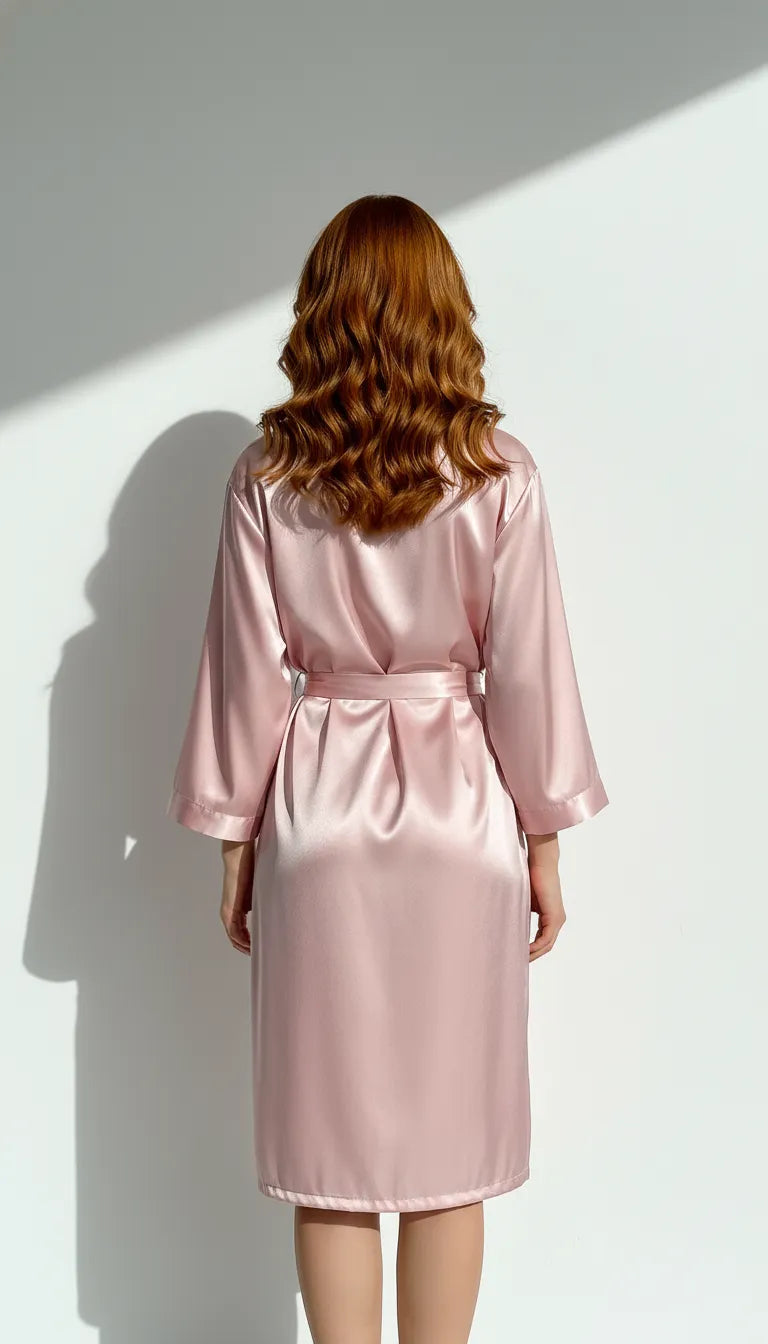 Pyjama Satin Rose Poudré pour Femme | Kimono Long et fluide | Ceinture Satin | 2 Pièces - Vue de dos