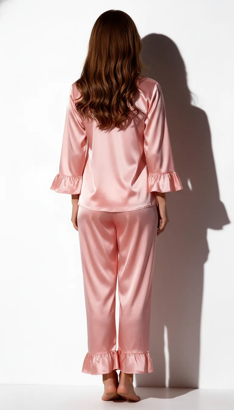 Pyjama Satin Rose Poudré pour Femme | Ensemble Chemise Manches Longues et Pantalon Fluide | 2 Pièces - Vue de dos