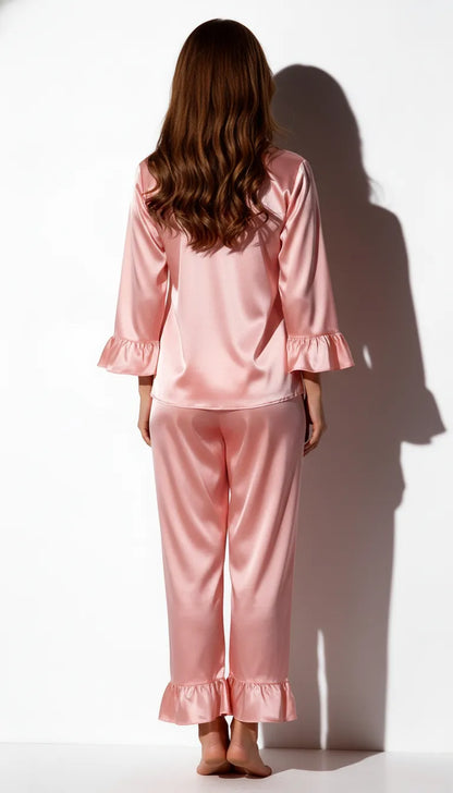 Pyjama Satin Rose Poudré pour Femme | Ensemble Chemise Manches Longues et Pantalon Fluide | 2 Pièces - Vue de dos