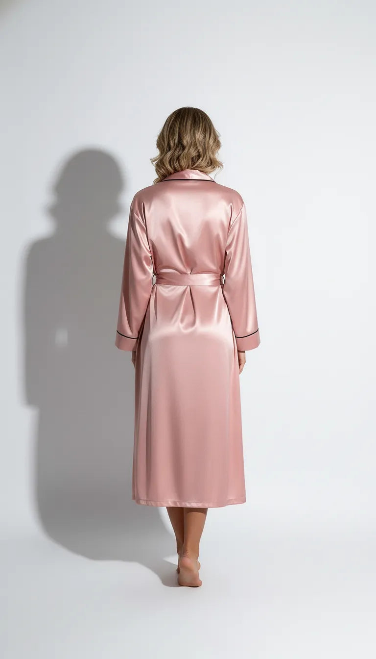 Pyjama Satin Rose Poudré pour Femme | Nuisette à fines bretelles et Kimono Long à liserés noirs | 2 Pièces - Vue de dos