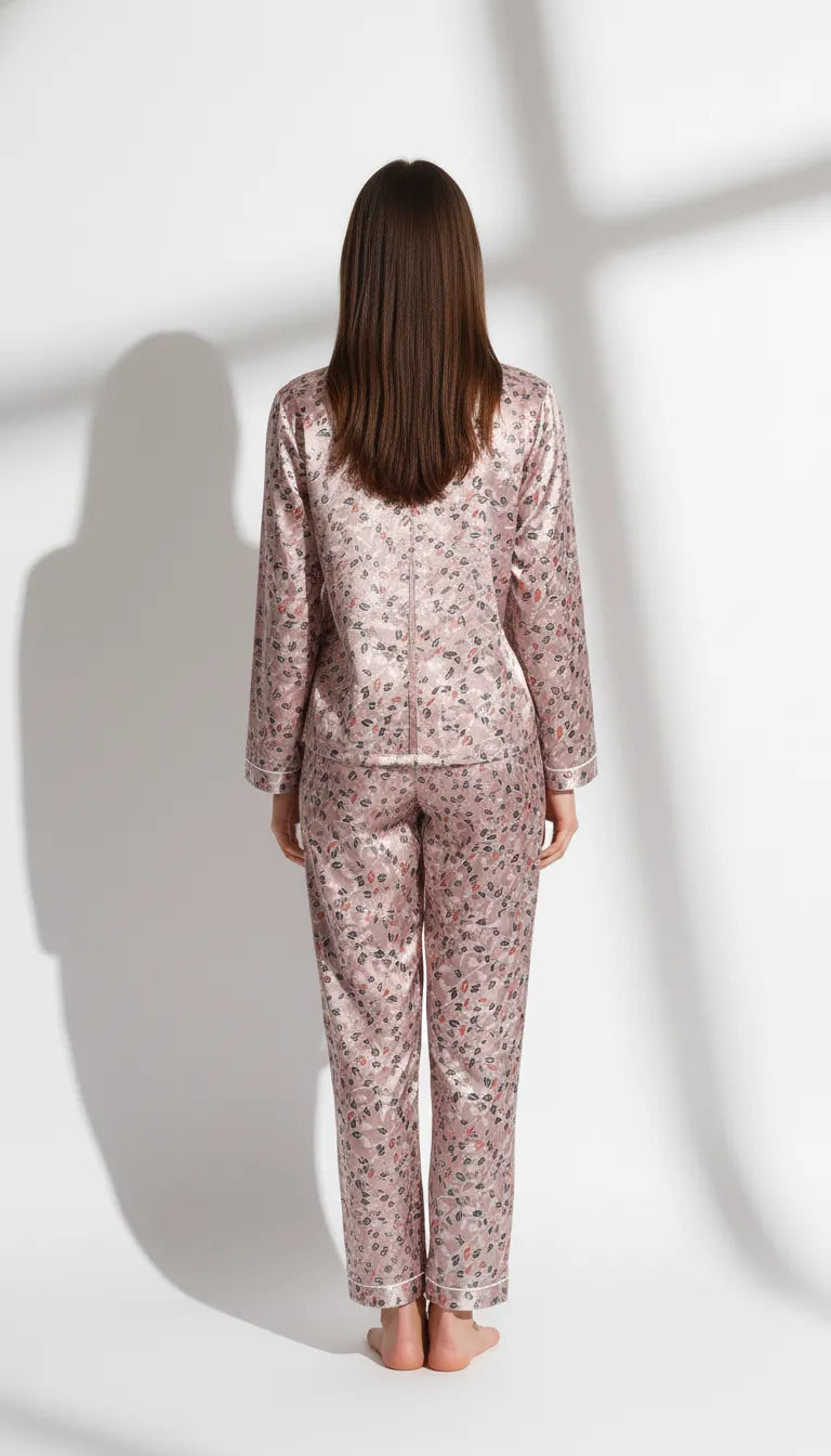 Pyjama Satin Rose Poudré pour Femme | Ensemble Chemise et Pantalon à Manches Longues | 2 Pièces - Vue de dos