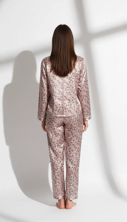 Pyjama Satin Rose Poudré pour Femme | Ensemble Chemise et Pantalon à Manches Longues | 2 Pièces - Vue de dos