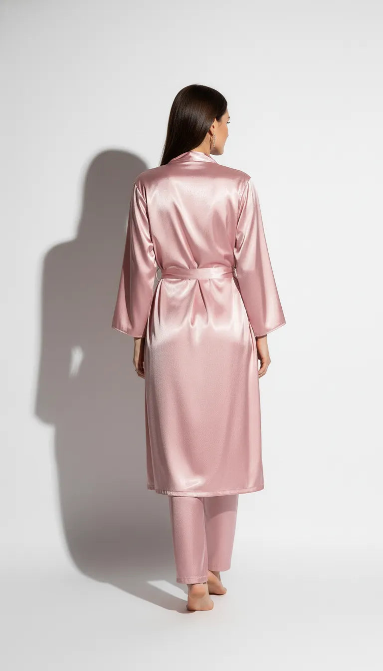 Pyjama Satin Rose Poudré pour Femme | Nuisette à Dentelle & Kimono Manches Longues | Pantalon 3 Pièces - Vue de dos
