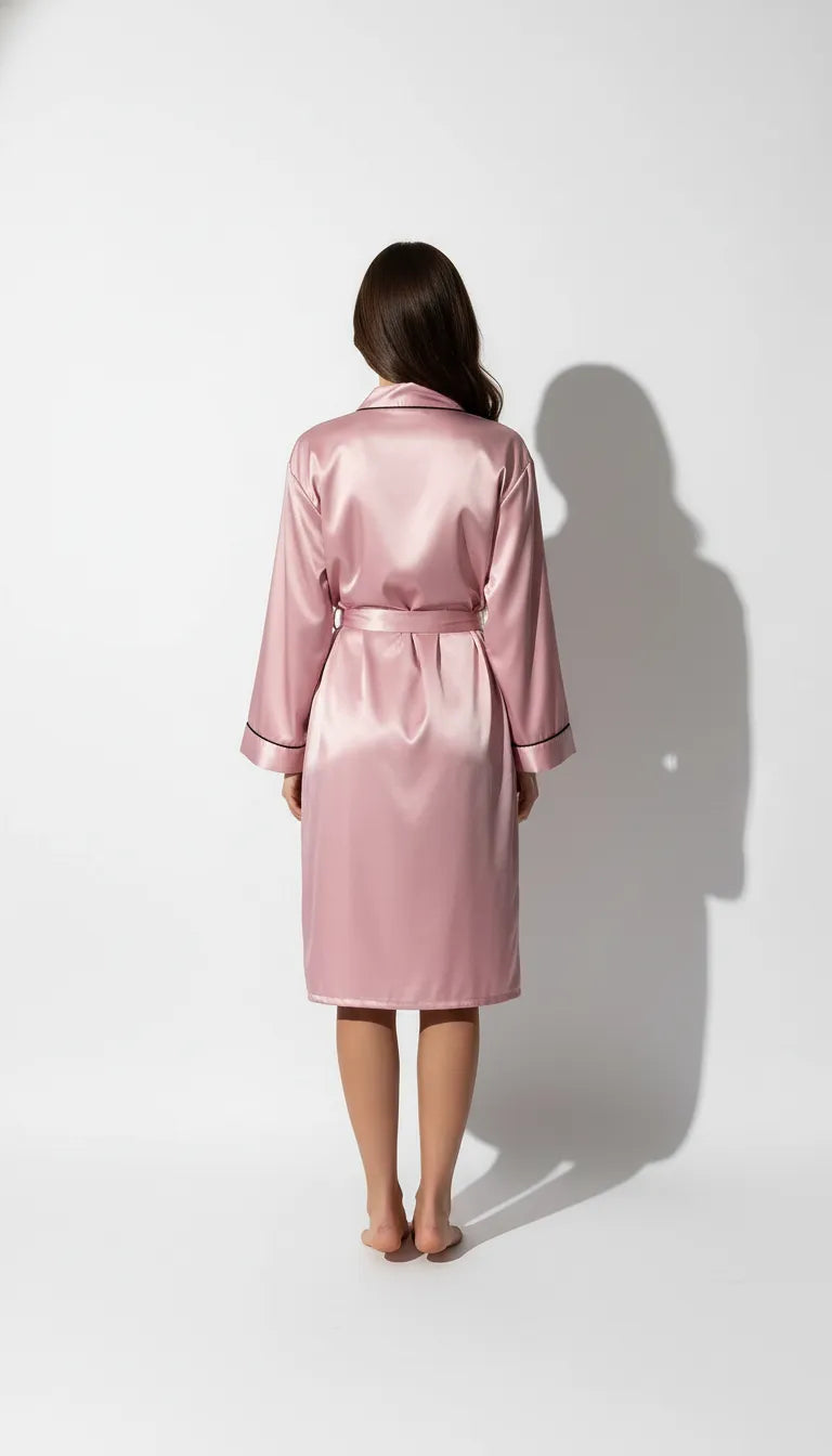 Pyjama Satin Rose Poudré pour Femme | Kimono Long à liseré Noir | 1 Pièce - Vue de dos