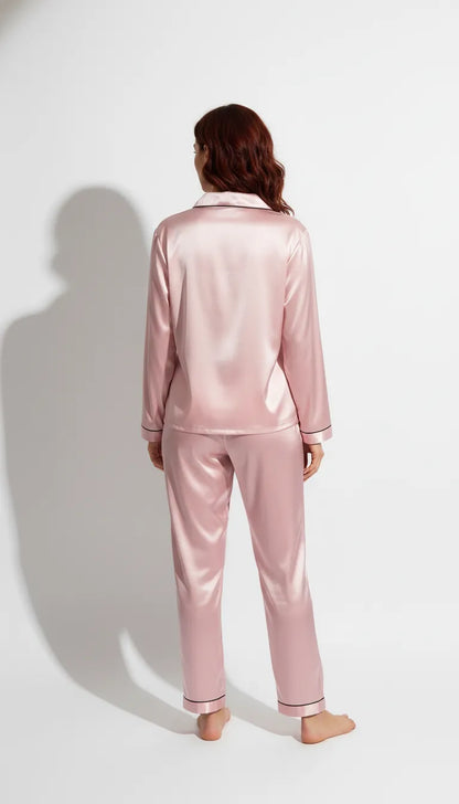 Pyjama Satin Rose Poudré pour Femme | Romantique | Ensemble 2 Pièces Manches Longues - Vue de dos