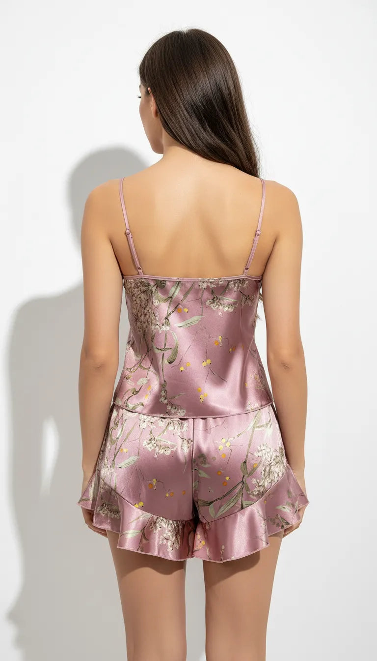 Pyjama Satin Rose Poudré pour Femme | Ensemble Débardeur et Short à Volants Fleuris | 2 Pièces - Vue de dos