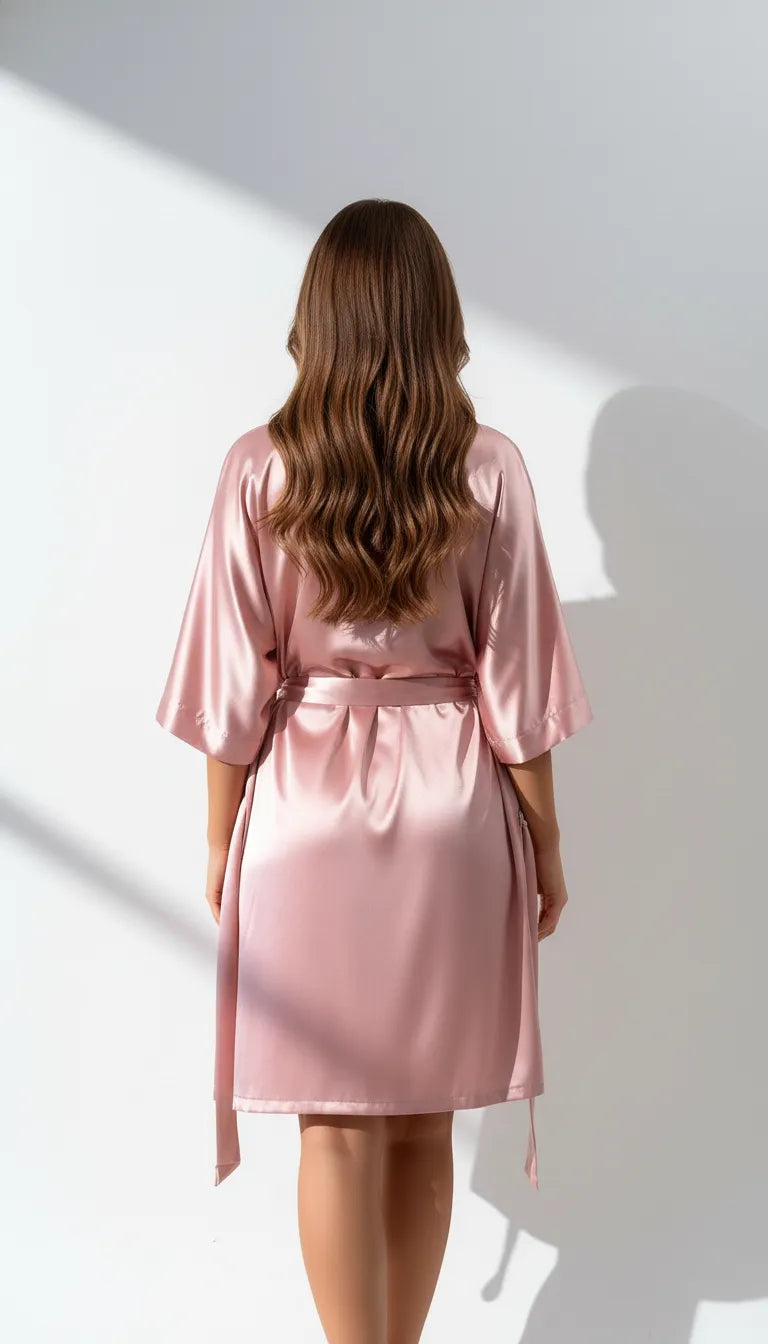 Pyjama Satin Rose Poudré pour Femme | Ensemble Kimono & Débardeur & Short Volants | 3 Pièces - Vue de dos