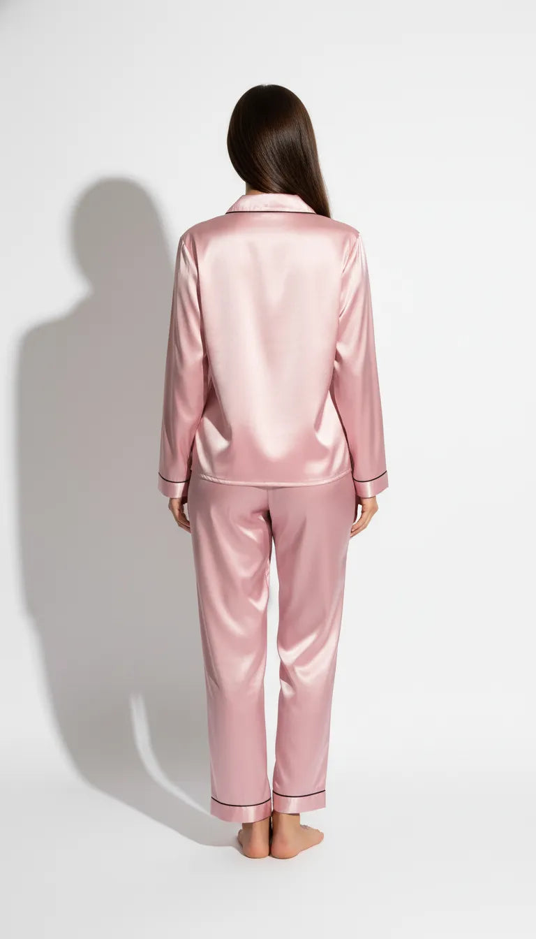 Pyjama Satin Rose Poudré pour Femme | Ensemble Classique Élégant | Chemise Manches Longues & Pantalon | 2 Pièces - Vue de dos