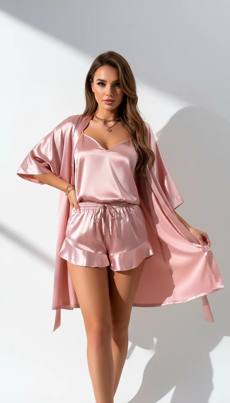 Pyjama Satin Rose Poudré pour Femme | Ensemble Kimono & Débardeur & Short Volants | 3 Pièces - Vue de face