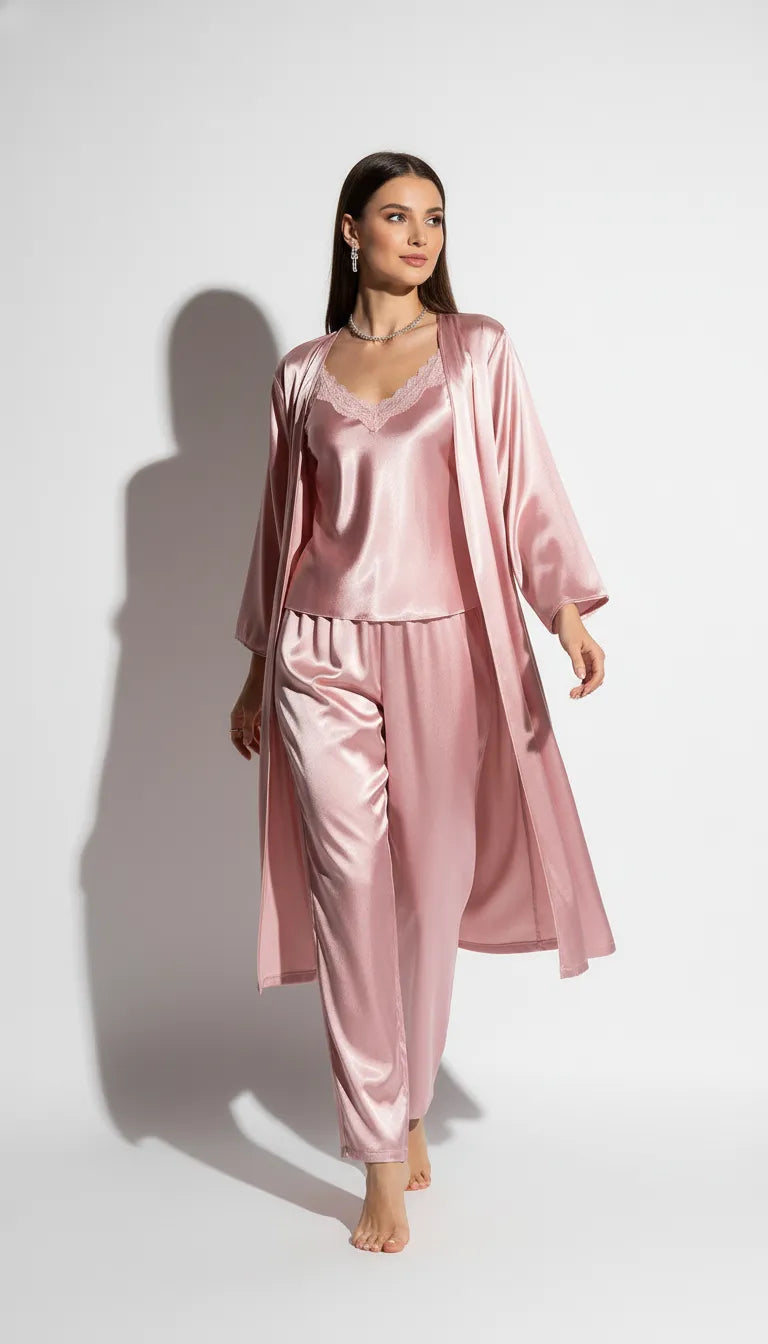 Pyjama Satin Rose Poudré pour Femme | Nuisette à Dentelle & Kimono Manches Longues | Pantalon 3 Pièces - Vue de face