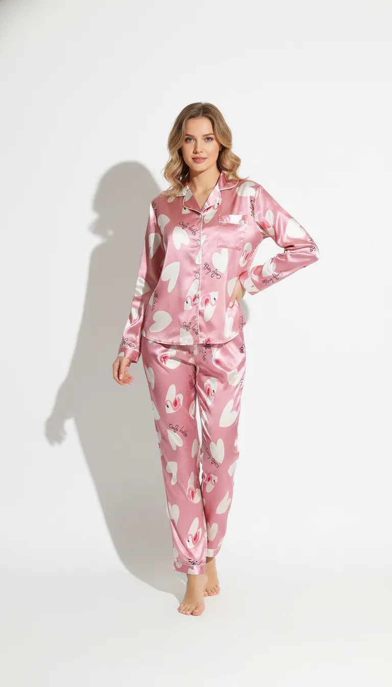 Pyjama Satin Rose Poudré pour Femme | Imprimé Cœurs & Cygnes | Chemise Manches Longues & Pantalon | 2 Pièces - Vue de face