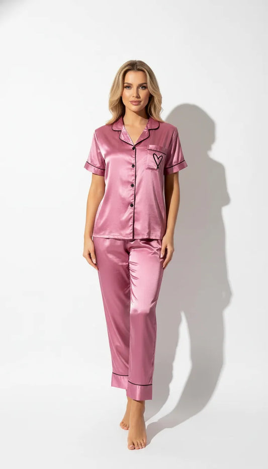 Pyjama Satin Rose Poudré pour Femme | Ensemble Chemise Manches Courtes & Pantalon | 2 Pièces - Vue de face