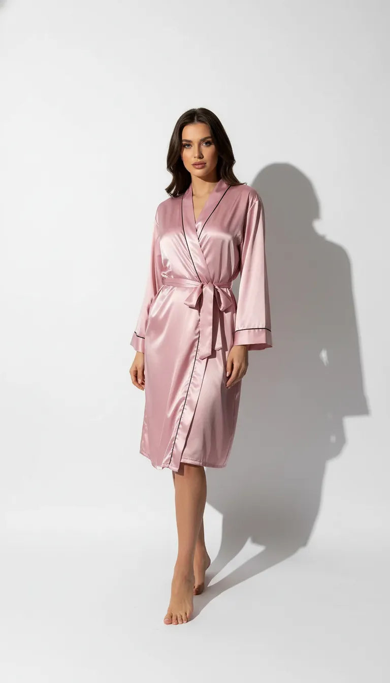 Pyjama Satin Rose Poudré pour Femme | Kimono Long à liseré Noir | 1 Pièce - Vue de face
