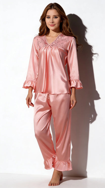 Pyjama Satin Rose Poudré pour Femme | Ensemble Chemise Manches Longues et Pantalon Fluide | 2 Pièces - Vue de face