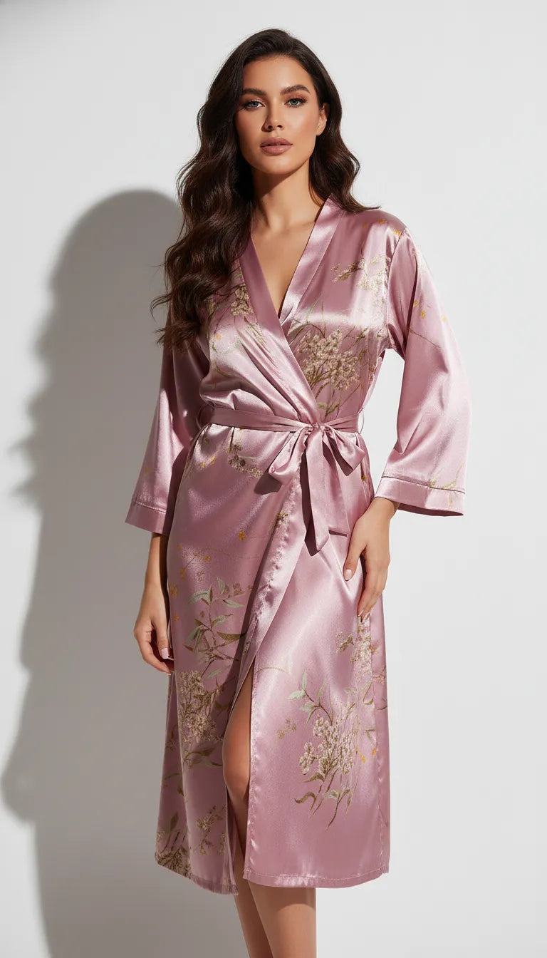 Pyjama Satin Rose Poudré pour Femme | Kimono Long à Manches Longues avec Ceinture | 1 Pièce - Vue de face