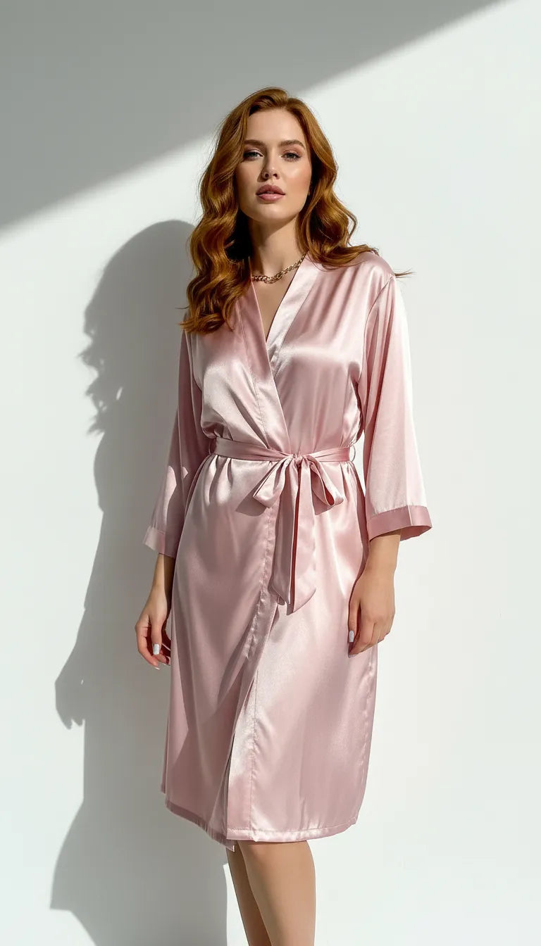 Pyjama Satin Rose Poudré pour Femme | Kimono Long et fluide | Ceinture Satin | 2 Pièces - Vue de face