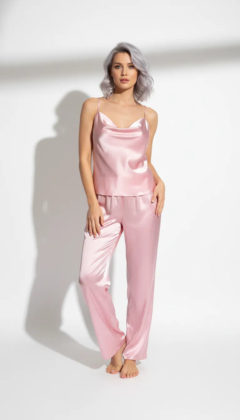Pyjama Satin Rose Poudré pour Femme | Débardeur à Bretelles Fines & Pantalon Fluide | Ensemble 2 Pièces - Vue de face