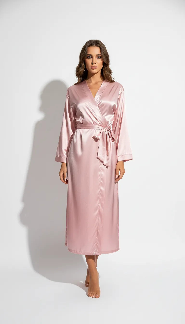 Pyjama Satin Rose Poudré pour Femme | Kimono Long et Fluide | Manches Longues | 1 Pièce - Vue de face
