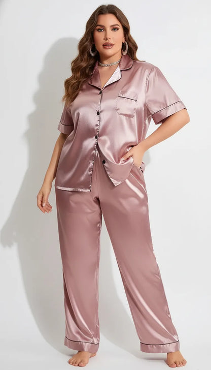Pyjama Satin Rose Poudré pour Femme | Chemise Manches Courtes & Pantalon Fluide | Ensemble 2 Pièces - Vue de face