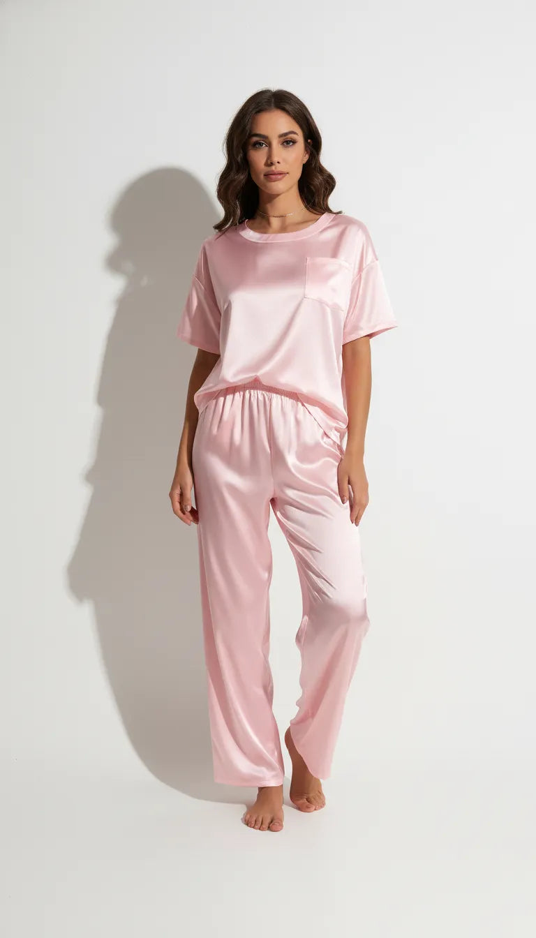 Pyjama Satin Rose Poudré pour Femme | Ensemble Chic et Confortable | Pantalon Long et Manches Courtes | 2 Pièces - Vue de face