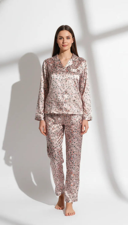 Pyjama Satin Rose Poudré pour Femme | Ensemble Chemise et Pantalon à Manches Longues | 2 Pièces - Vue de face