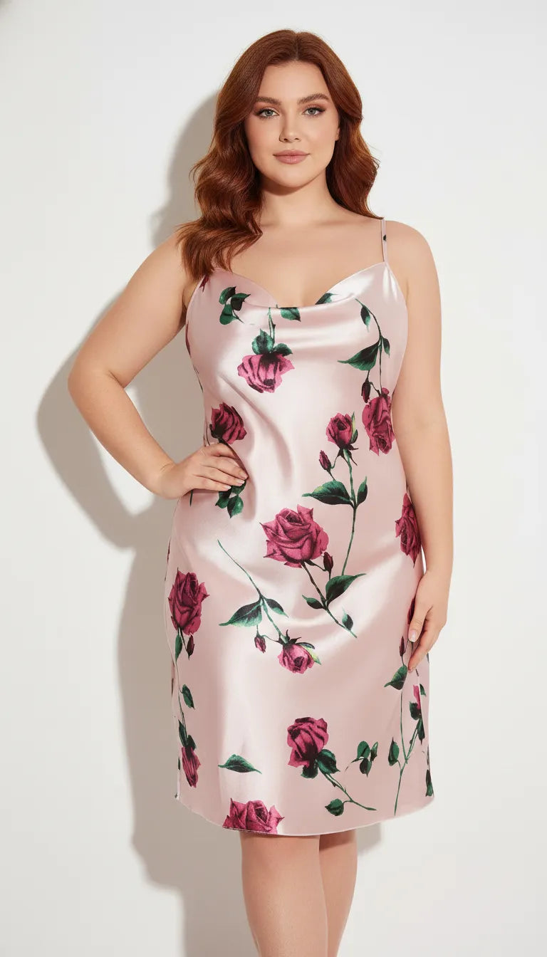 Pyjama Satin Rose Poudré pour Femme | Nuisette Romantique avec Imprimé Floral | 1 Pièce - Vue de face