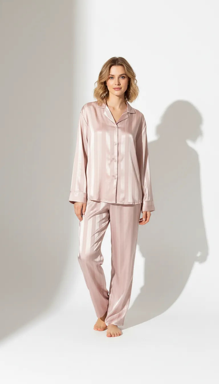 Pyjama Satin Rose Poudré pour Femme | Ensemble Rayé Classique | Chemise Manches Longues & Pantalon | 2 Pièces - Vue de face