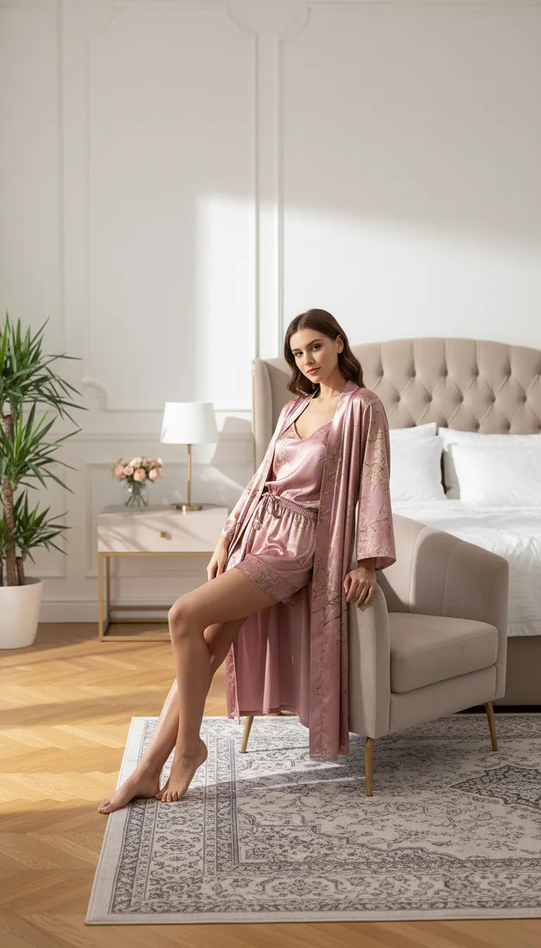 Pyjama Satin Rose Poudré pour Femme | Ensemble Kimono Floral | Débardeur et Short | Kimono Long | 4 Pièces - Mise en situation portée